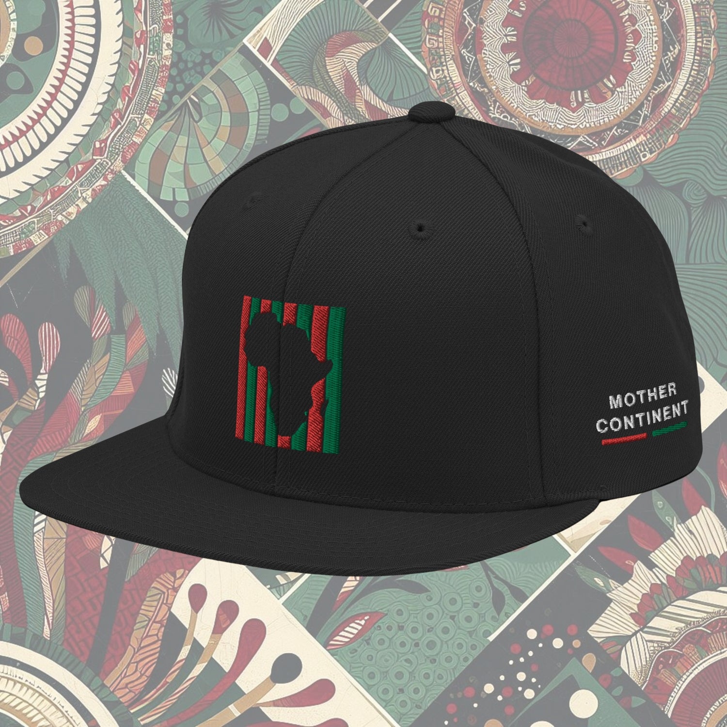 Black Africa snapback from a Black-owned business with red and black stripes as its flag and 'Mother Continent' on the side. Perfect for showing continental pride. Available now.