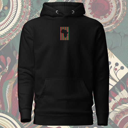 Front of Africa hoodie from a Black-owned business with red and black stripes as its flag and 'Mother Continent' on the back. Perfect for showing continental pride. Available now.