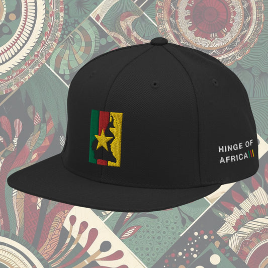 Cameroonian flag snapback from a Black-owned business with 'Hinge of Africa' on the side. Features vibrant green, red, and yellow colors with a central yellow star. Perfect for showing national pride and supporting Black-owned businesses. Available now.