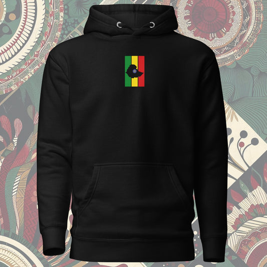 Ethiopia flag hoodie from a Black-owned business with 'Land of Origin' on the back. Features vibrant flag colors. Perfect for showing national pride. Available now.