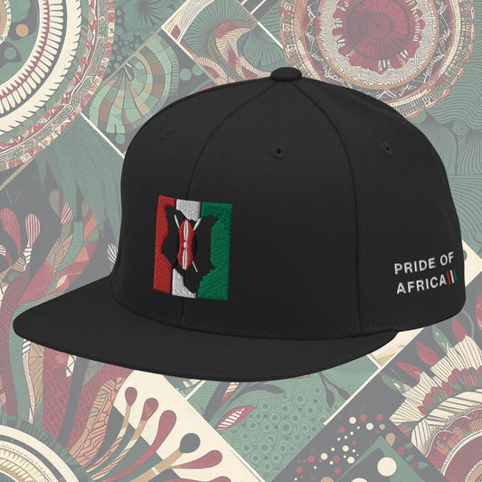 Kenya flag snapback with 'Pride of Africa' written on the side. Features vibrant flag colors and a bold statement. Ideal for showcasing pride and enhancing your style.