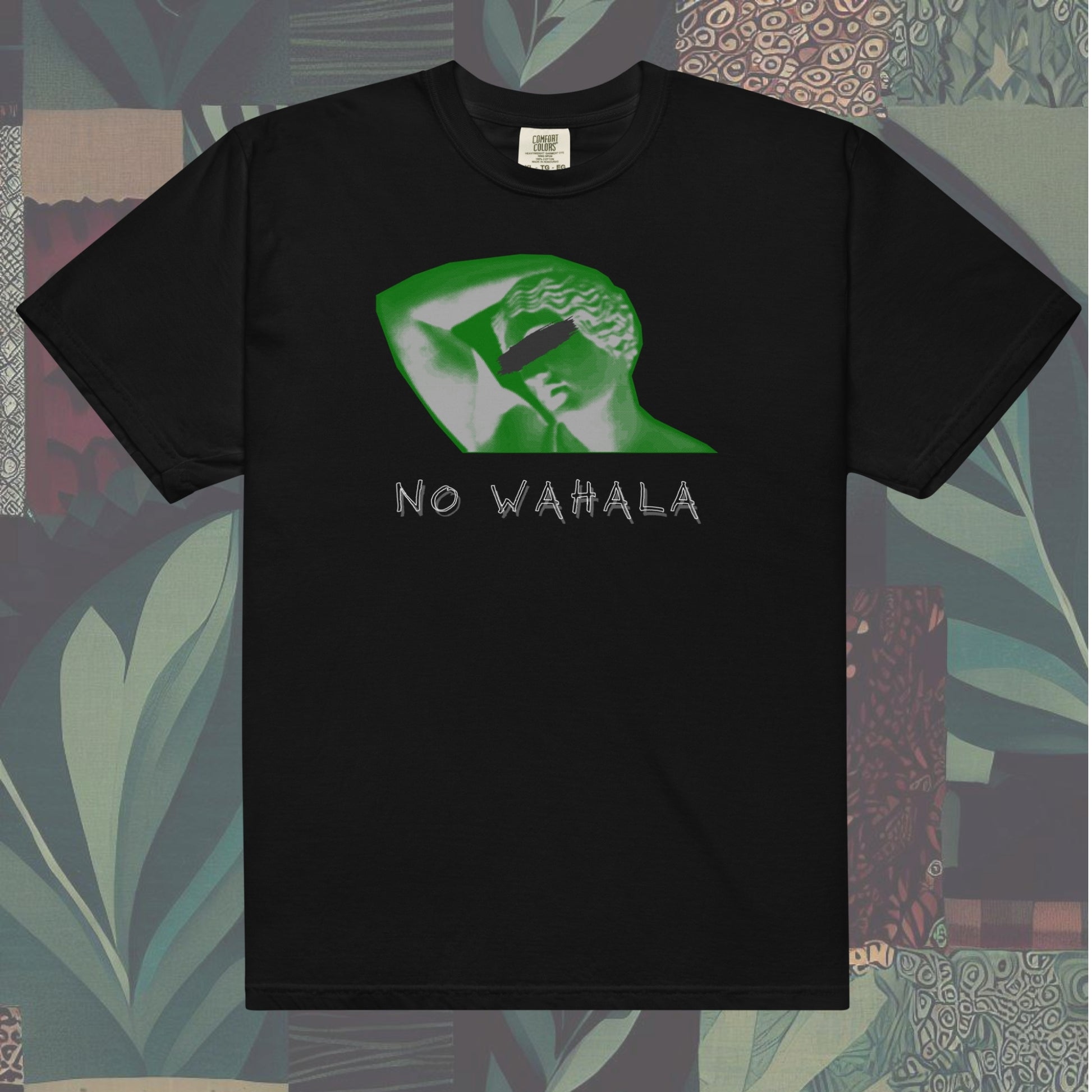 Tshirt featuring a statue with its hand on its head and 'NO WAHALA' written at the bottom. Unique design perfect for expressing a bold, creative style.