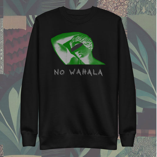  sweatshirt featuring a statue with its hand on its head and 'NO WAHALA' written at the bottom. Unique design perfect for expressing a bold, creative style.