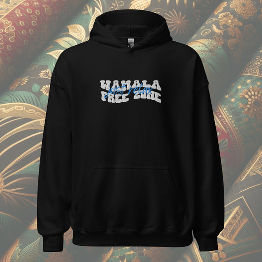 Black Hoodie featuring 'Wahala Free Zone' with 'Just Relax' in blue text overlapping the design. A stylish and calming statement piece perfect for everyday comfort. 